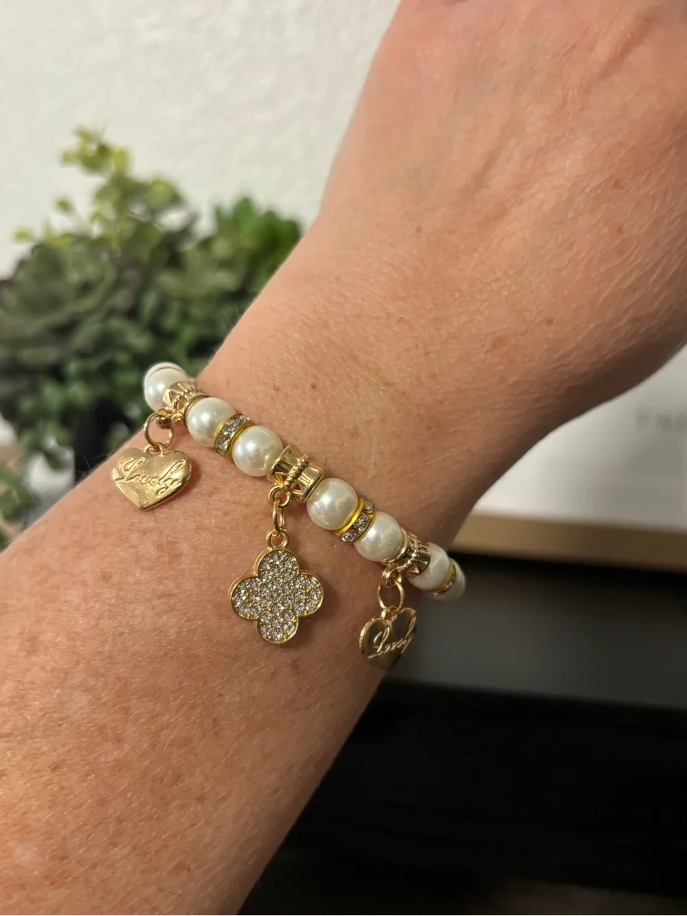 Pearl & Gold Toned Charm Bracelet